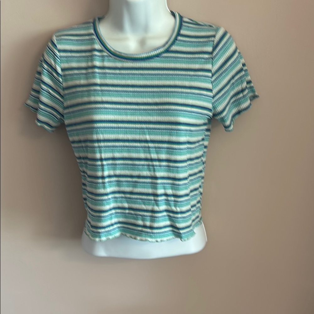 Wild Fable Teal and White Striped Short Sleeve Top